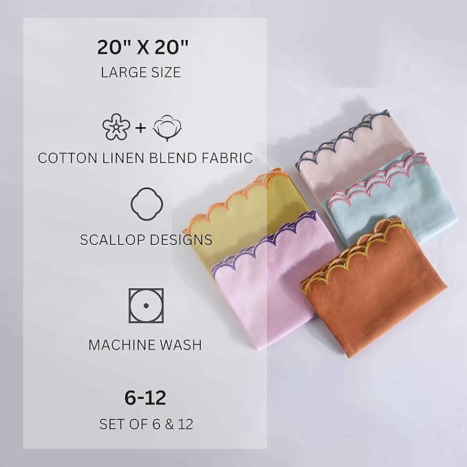FINGERCRAFT Cloth Napkins, Everyday Use Reversible Scallop Design, Premium Quality Cotton Linen Blend Napkin Set of 6 Perfect for Parties Dinners Weddings Easter Napkin Cloth 20x20 Inch Gold