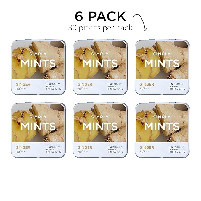 SIMPLY Mints | Ginger Breath Mints | Pack of Six (180 Pieces Total) | Made With Real Ginger + Good for Nausea + Aspartame-Free + Vegan + non-GMO