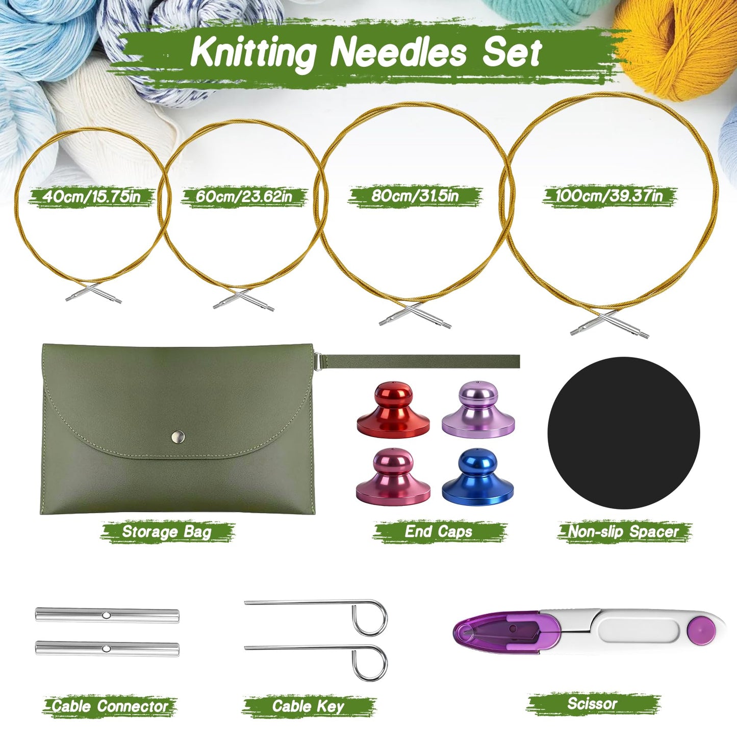 TRILVIX Knitting Needles Set, 13 Pairs Aluminum Interchangeable Circular Knitting Needles Set 4 Inch with 4 Cables, Accessories and Storage Bag for Multiple Knitting Projects Green