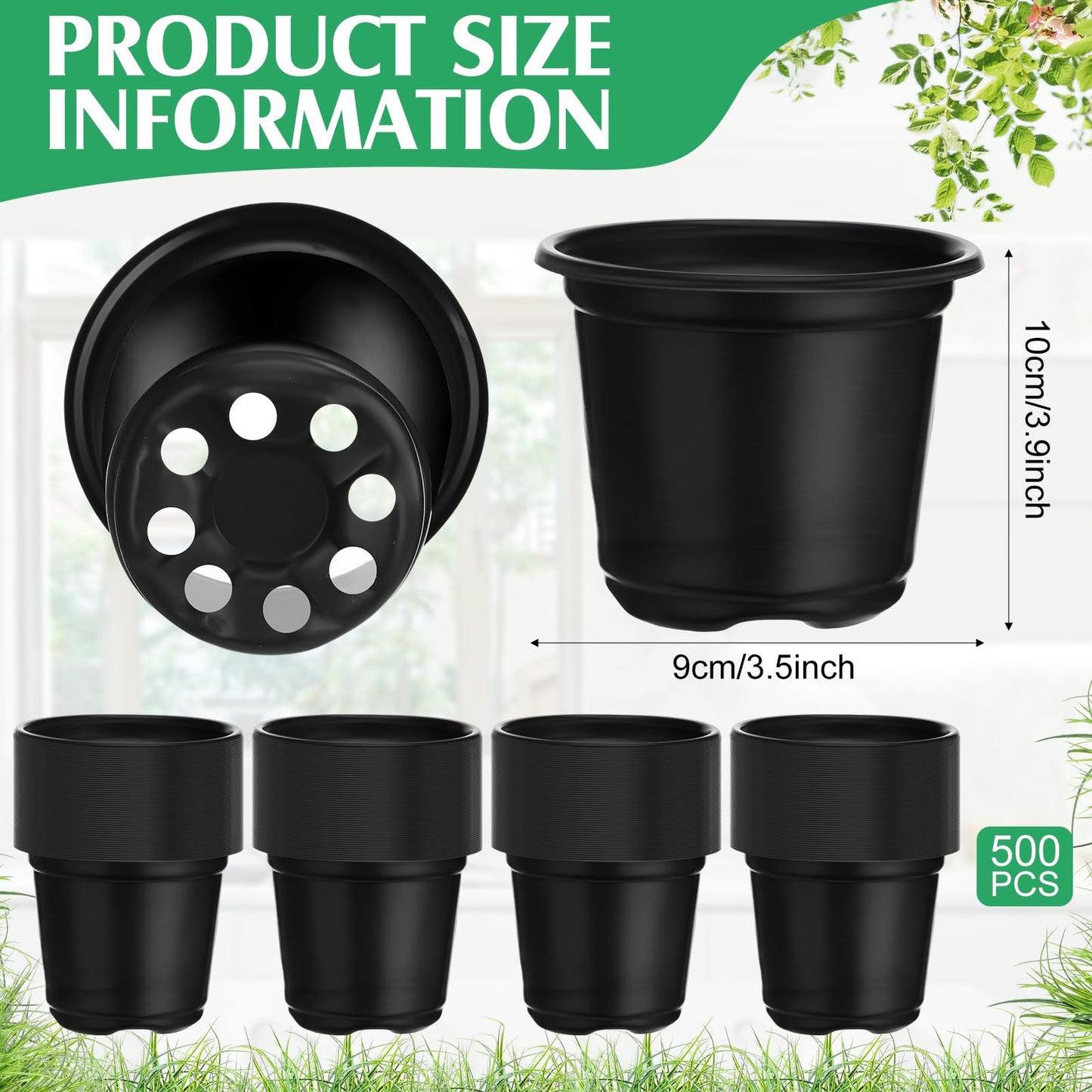 Geosar 500 Pcs Nursery Pots Plastic Plant Pots with Drainage Holes Flower Plant Container Plastic Seed Starting Pot for Transplants Succulents Cactus Indoor Outdoor Garden Yard (4 Inch)