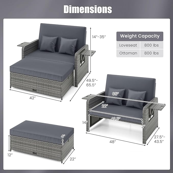 HAPPYGRILL Patio Rattan Wicker Daybed with Loveseat & Storage Ottoman, Outdoor Lounge Sofa Furniture Set with Adjustable Backrest & Side Trays, for Poolside Deck Porch Lawn (Mix Grey & Grey)