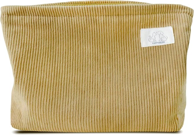 HAPPYHEIDI Cute Corduroy Pouch Makeup Bag Cosmetic Toiletry Travel, Tote Purse Organizer, Machine Washable, Large Capacity, Camel Yellow Brown