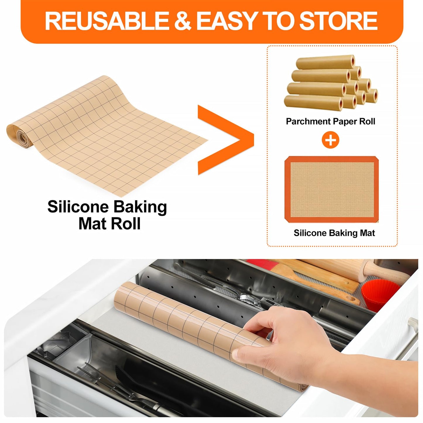 Silicone Baking Mat Roll, Non Stick Heat Resistant Baking Mats,No Slip Reusable Freeze Dryer Mat,Pastry Mats,Countertop Mats, Cut to size fit different Sharp Oven Pans Dishes(Beige, 16in X5.25 FT)