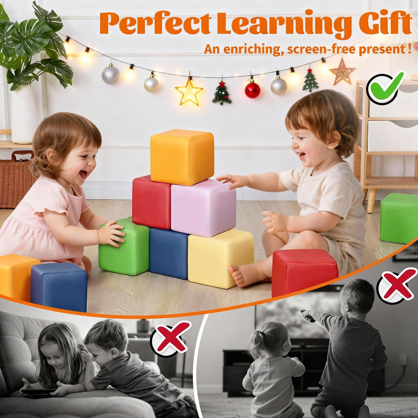 TODIBY Foam Building Blocks for Toddlers：12-Pieces Wipeable Leather Stacking Cubes Kids - Large Soft Toys Play Set for Learning Construction Baby Preschool Daycare Therapy Birthday Gift (Rainbow)