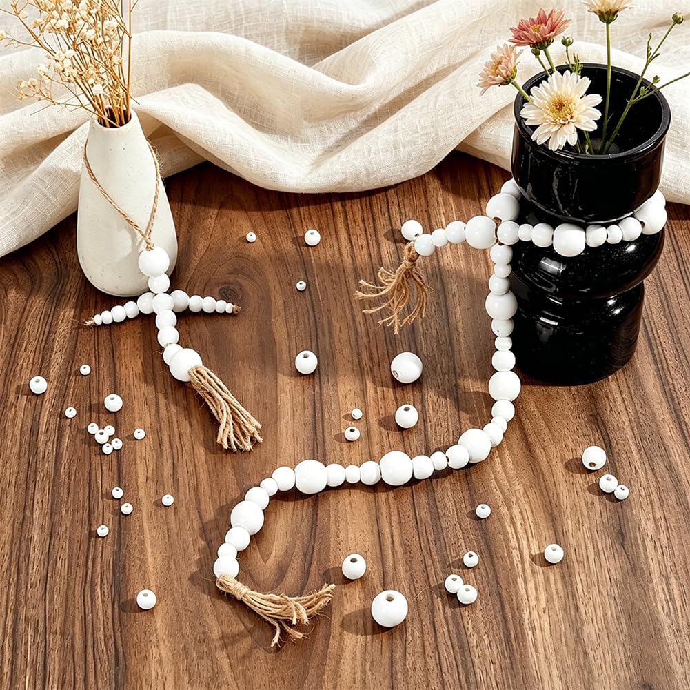 PandaHall 805pcs 6 Sizes White Wood Beads, 6/8/10/14/16/20mm Round Wood Beads Macrame Beads Loose Beads for Bracelet Jewelry Crafts Making