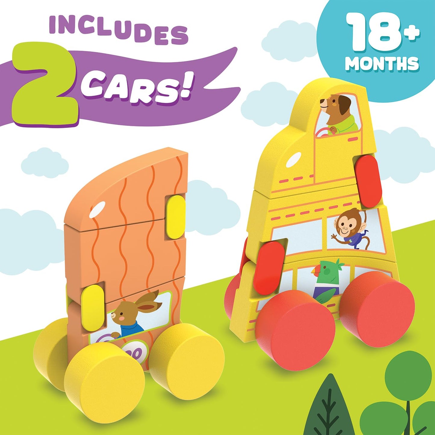 MindWare Konvertibles Transforming Wooden Cars – 2‑Piece Flip‑&‑Change Vehicle Set with Carry‑Along Box That Becomes 3‑D Road Scene, Toddler Toy for Ages 18 Months +