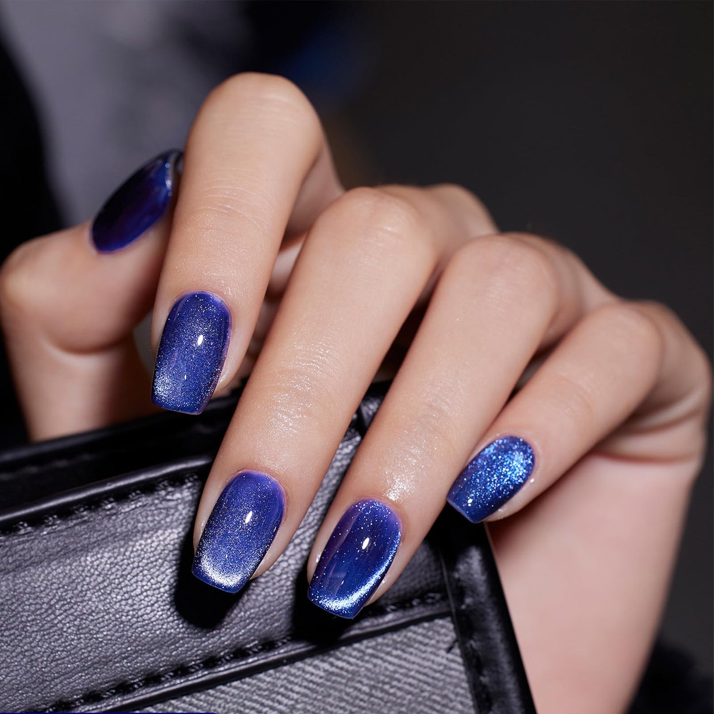 Blue Press on Nails Short Square Fake Nails Cat Eye False Nails with Designs Glossy Glue on Nails Glitter Gel Polished Reusable Artificial Squoval Acrylic Nails Stick on Nails for Women 24 Pcs