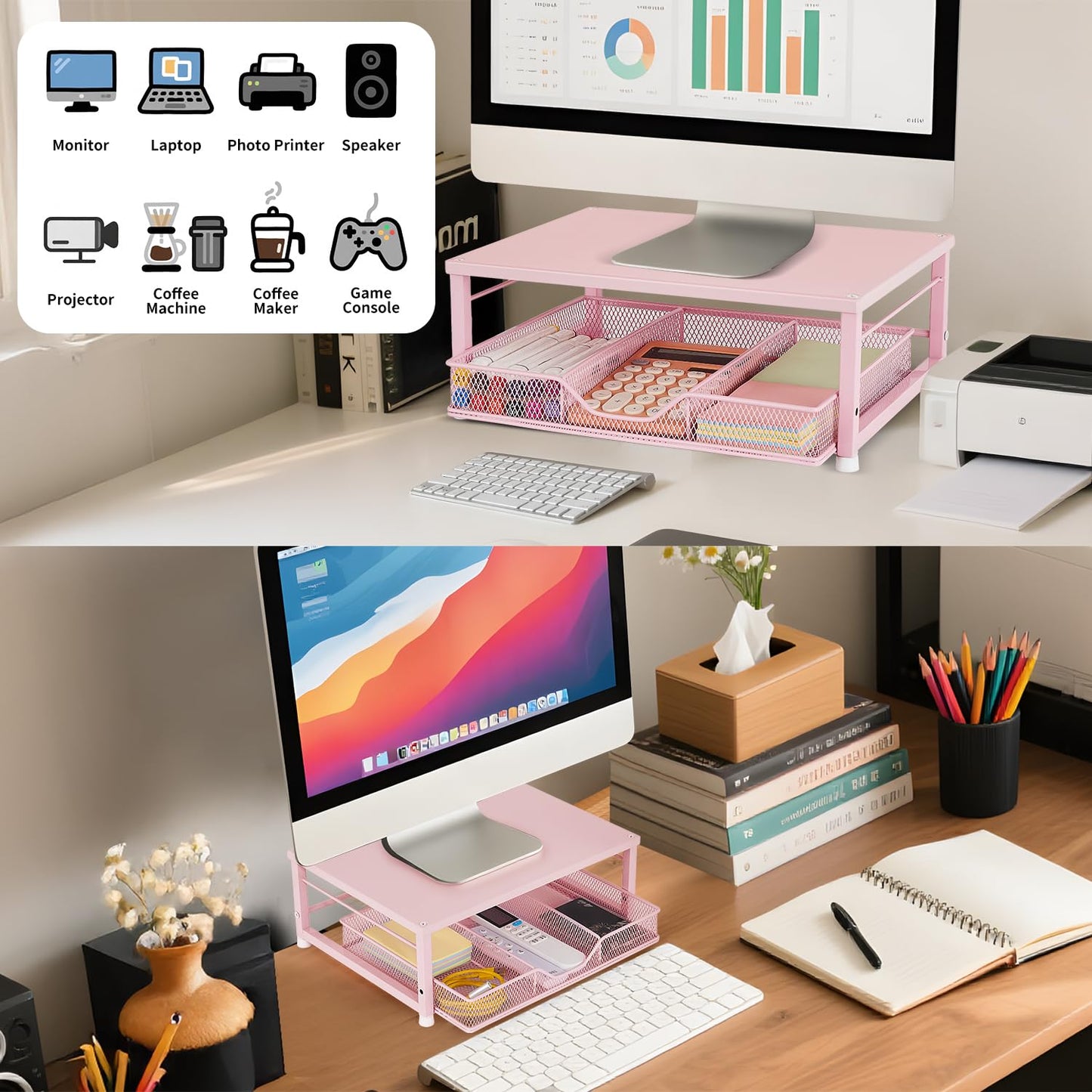 Gugsey Small Pink Laptop Stand for Desk, Monitor Stand, Office Desk Accessories, Computer Desktop Stand with Drawer for Home, Office, School (Pink)
