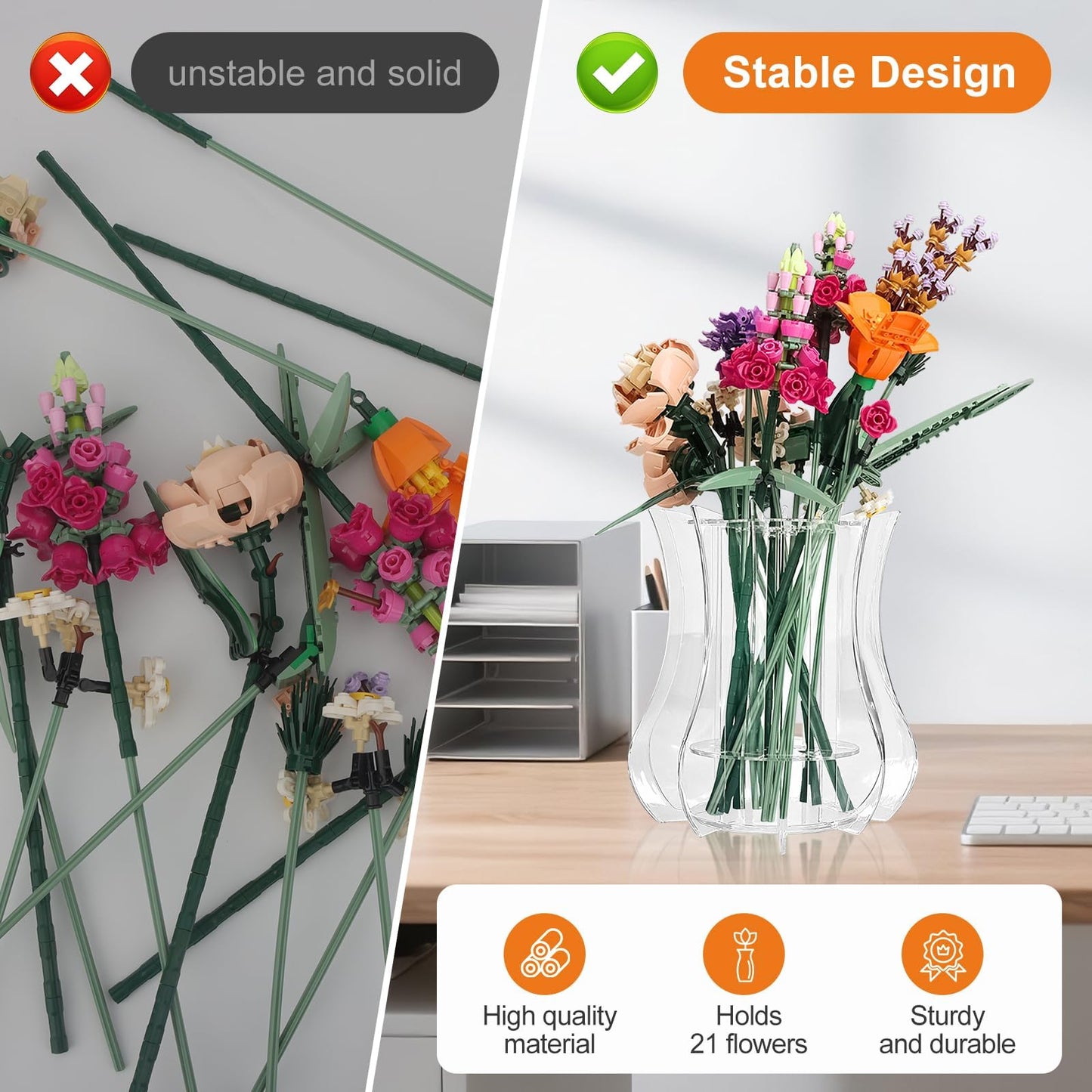 Upgraded Acrylic Vase for Lego Flowers - Thickened Sturdy Display Stand & Holder for Lego Flower Bouquet Building Set, Botanical Collection, Roses & Orchids | Larger Hole Arrangement Design (Clear)