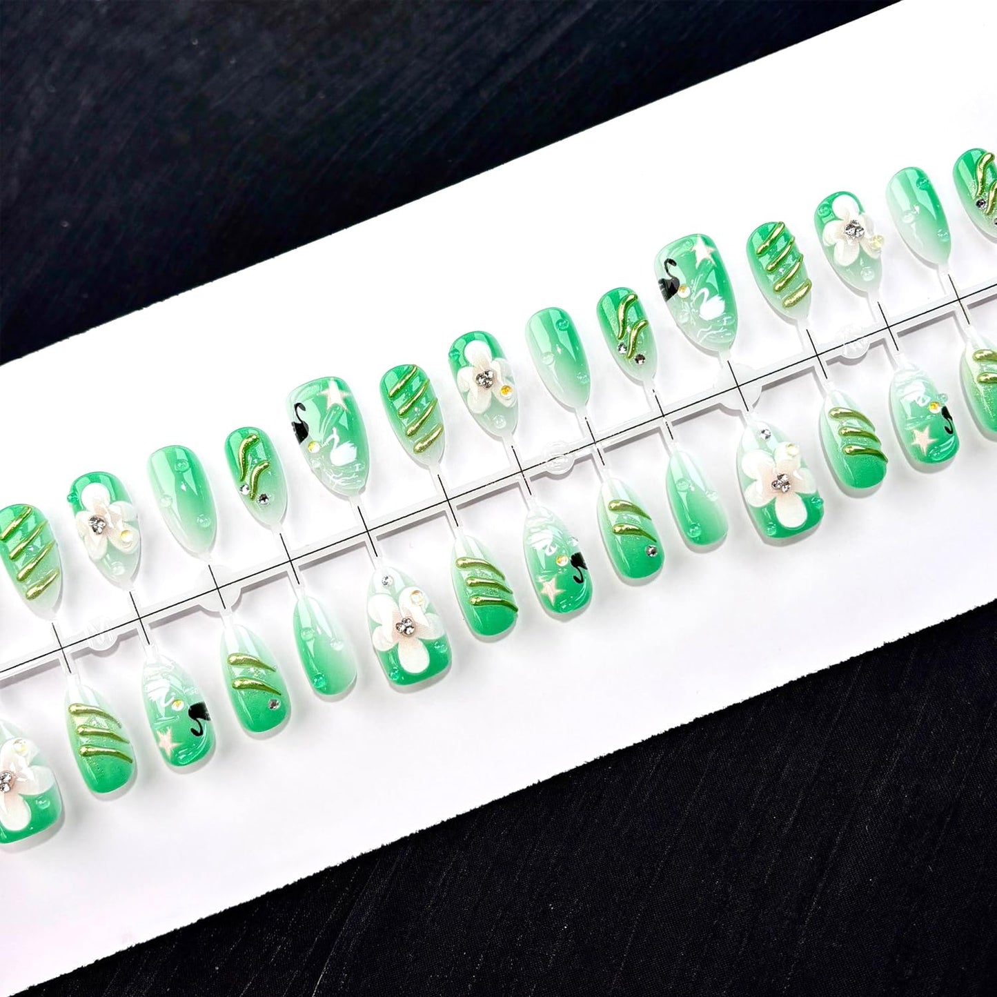 30Pcs Y2K Green Press on Nails Almond Fake Nails with 3D Flower Rhinestones and Black White Swan Design Green Gradient Spring False Nails Gold Lines Full Cover Handmade Stick on Nail for Women