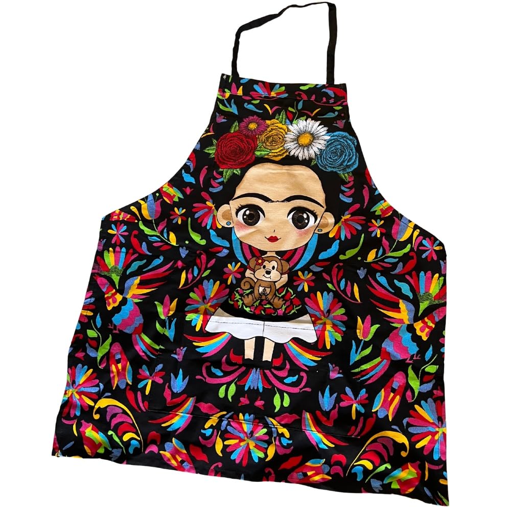Mexican Themed Apron - 100% Cotton, Liquid Repellent, Durable, with Pocket - Ideal for Kitchen, Painting, Cleaning, Crafts (Otomi)