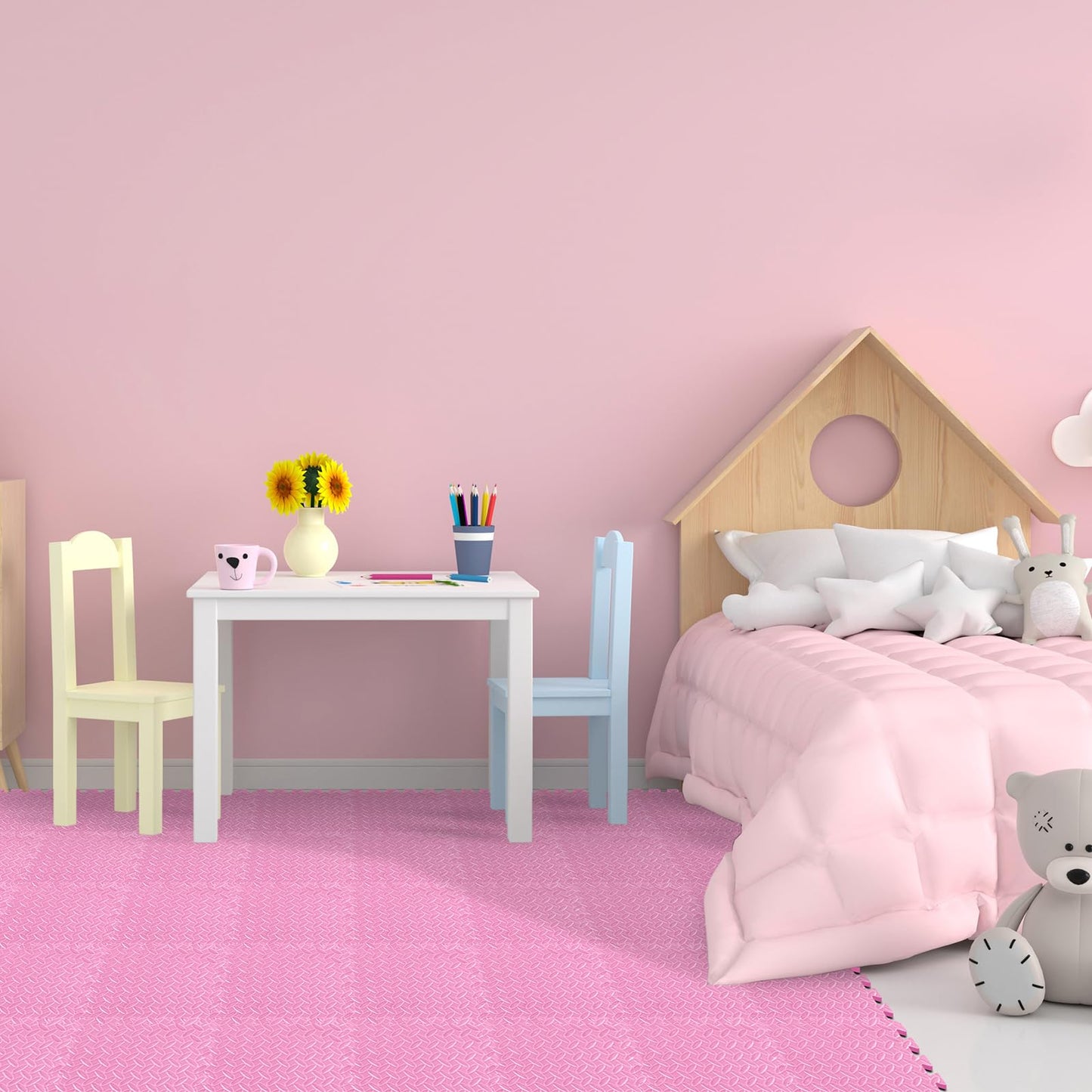 Shihanee Foam Floor Tiles Foam Floor Mats Play Mats Bulk with Borders Interlocking for Bedroom Gym Nursery(11.8 x 11.8 Inch,Light Pink)