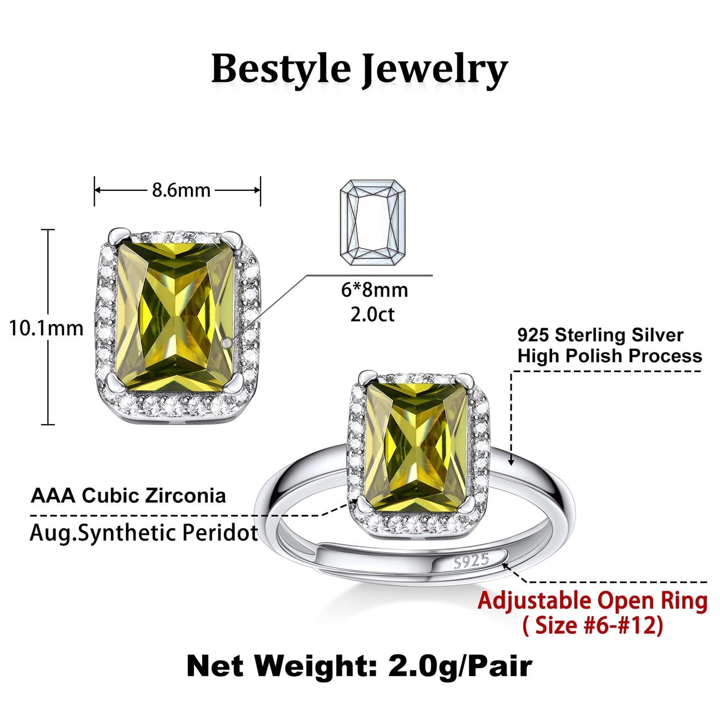Bestyle 925 Sterling Silver Infinite Birthstone Rings August Square Peridot Crystal Rings, Dainty Love Statement Rings Adjustable, Minimalist Ring Gift on Birthday/Valentines/Thanksgiving/Christmas