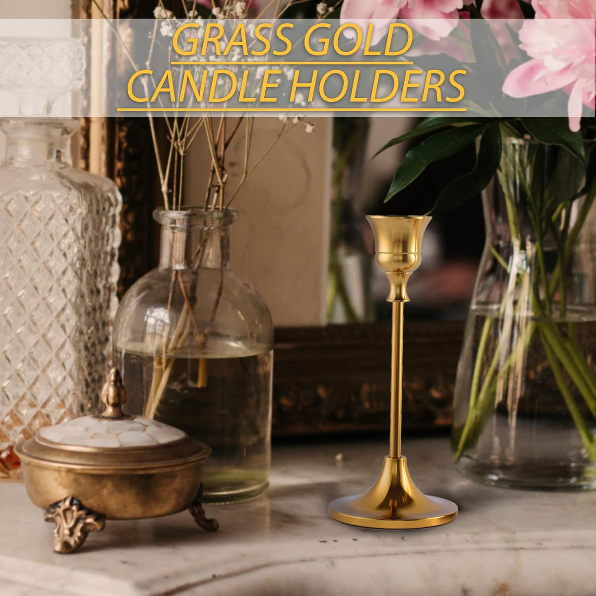 Vintage Gold Brass Taper Candle Holders for Candlesticks, Fireplace & Party - Set of 3