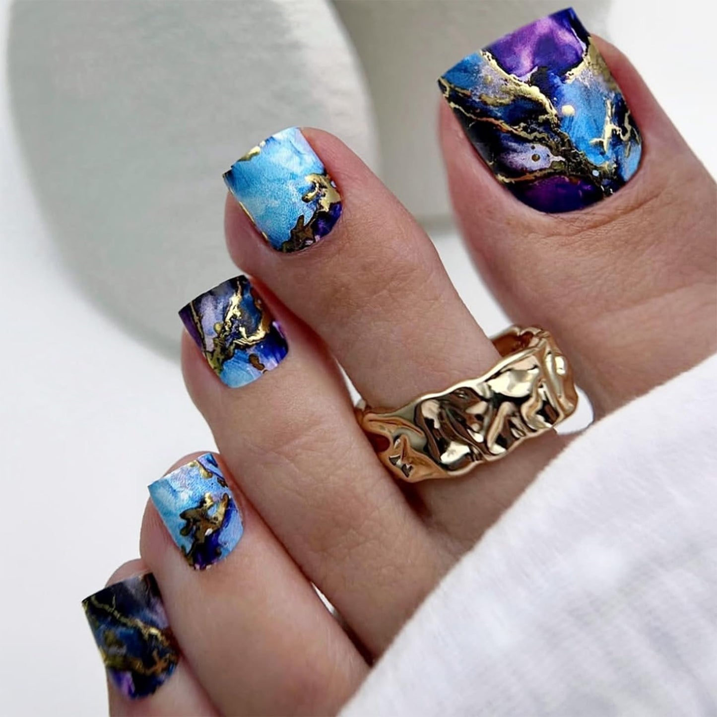 IMRAIN Press on Toe Nails Short Square Fake Toenails Full Cover Matte Glue on Toe Nails Full Cover Acrylic Summer False Toenails with Purple Starry Sky Pattern Designs 24Pcs