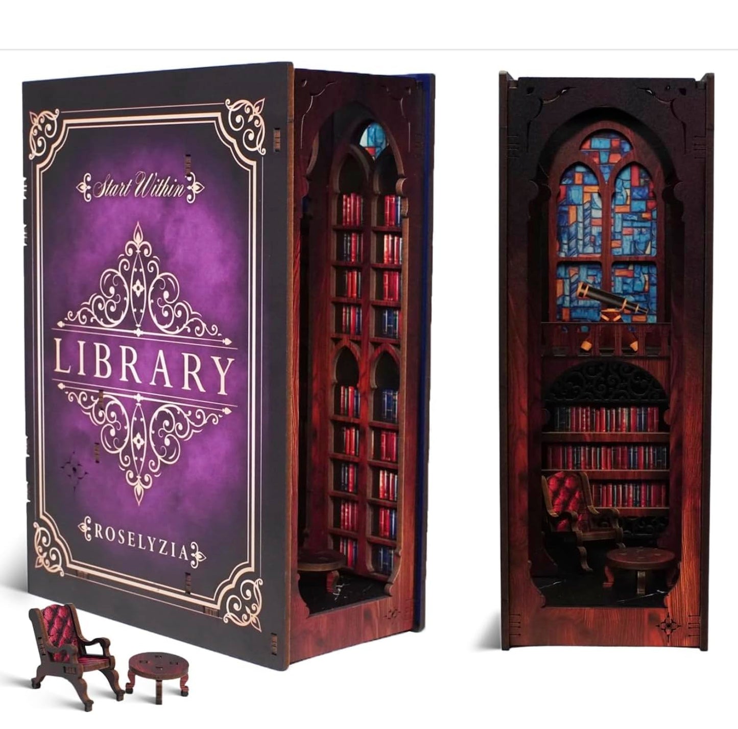Book Nook Kit – NOOKBOOX by ROSELYZIA – DIY Miniature Dollhouse 3D Wooden Puzzle with LED Light – Bookshelf Decor Gift for Adults & Teens – Violet Purple