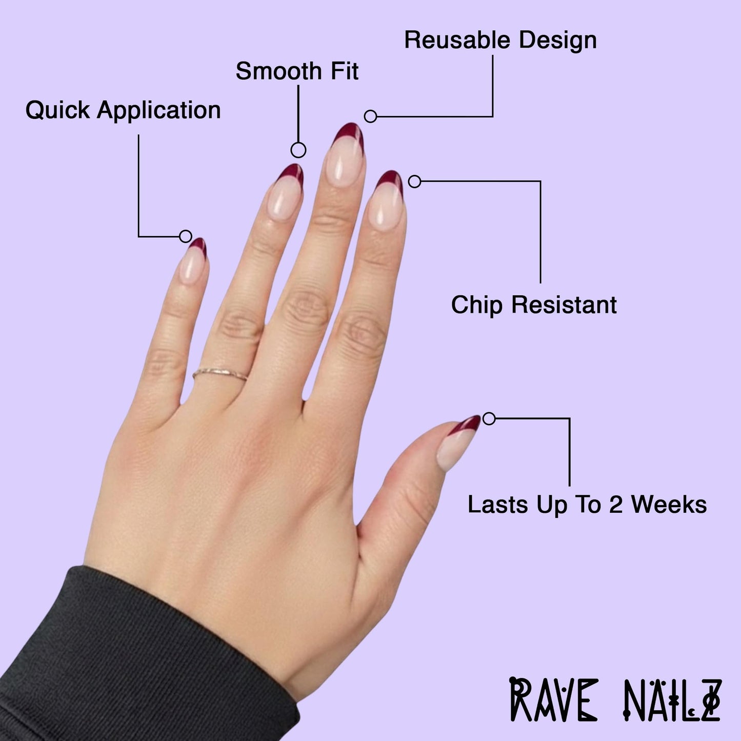 Rave Nailz Wine French Tip Press On Nails (30 Count) - Short Oval Glossy Press On Nails with Subtle Elegance - Chip-Resistant Fake Nails with Glue, Includes File, Long-Lasting 2+ Weeks