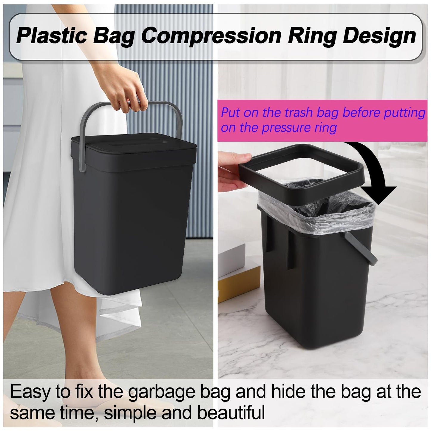 Compost Bin Kitchen, Includes 100 Trash Bags, Hanging Trash Can with Lid, Features Pet-Proof, Odor-Proof, and Quiet Opening/Closing. Suitable for Bathrooms/Bedrooms/Offices (Black, 0.8Gal/3L)