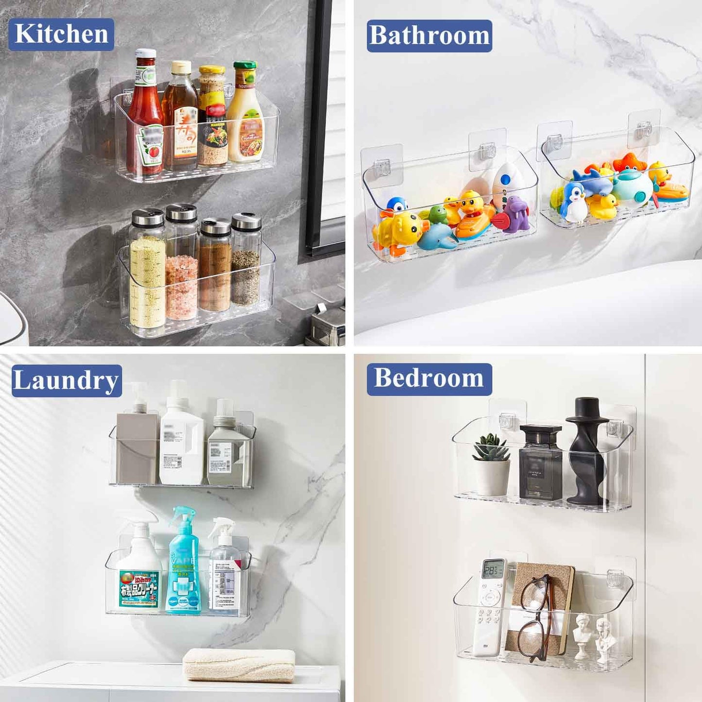 Eunion Bath Toy Storage Organizer, Bathtub Toy Storage Holder, Large Capacity Wall Mounted Shower Caddy Shower Organizer, No Drill Shelves Basket, Clear White, 2 Pack