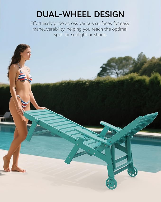 Carauci Lounge Chair Outdoor Set of 4, HDPE Chaise Lounge with Wheels, 5-Position Adjustable Backrest & 2 Cup Holders Patio Lounge Chair, All-Weather Pool Sun Lounger for Poolside, Backyard, Lake Blue