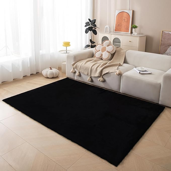 ThreadGlobe Fluffy Faux Rabbit Fur Rug 4'x6', Cloud-Soft Rugs for Living Room, Bedroom & Nursery, Non-Slip No-Shed Area Rug, Machine Washable Rug, Black, 4x6 Ft