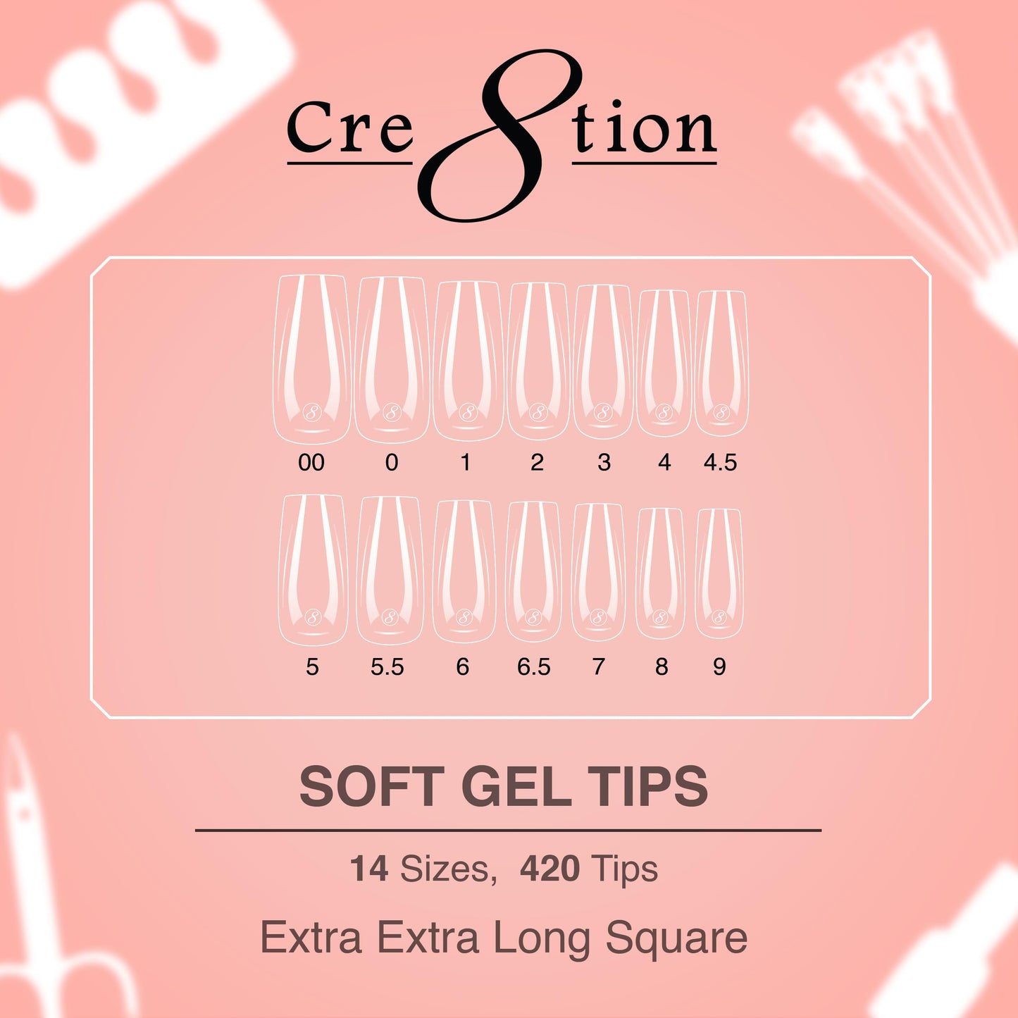 Cre8tion Soft Gel Nail Tips, Extra Extra Long Square Shape, 602 Tips in 14 Sizes (00-9) for Professional Nail Extensions