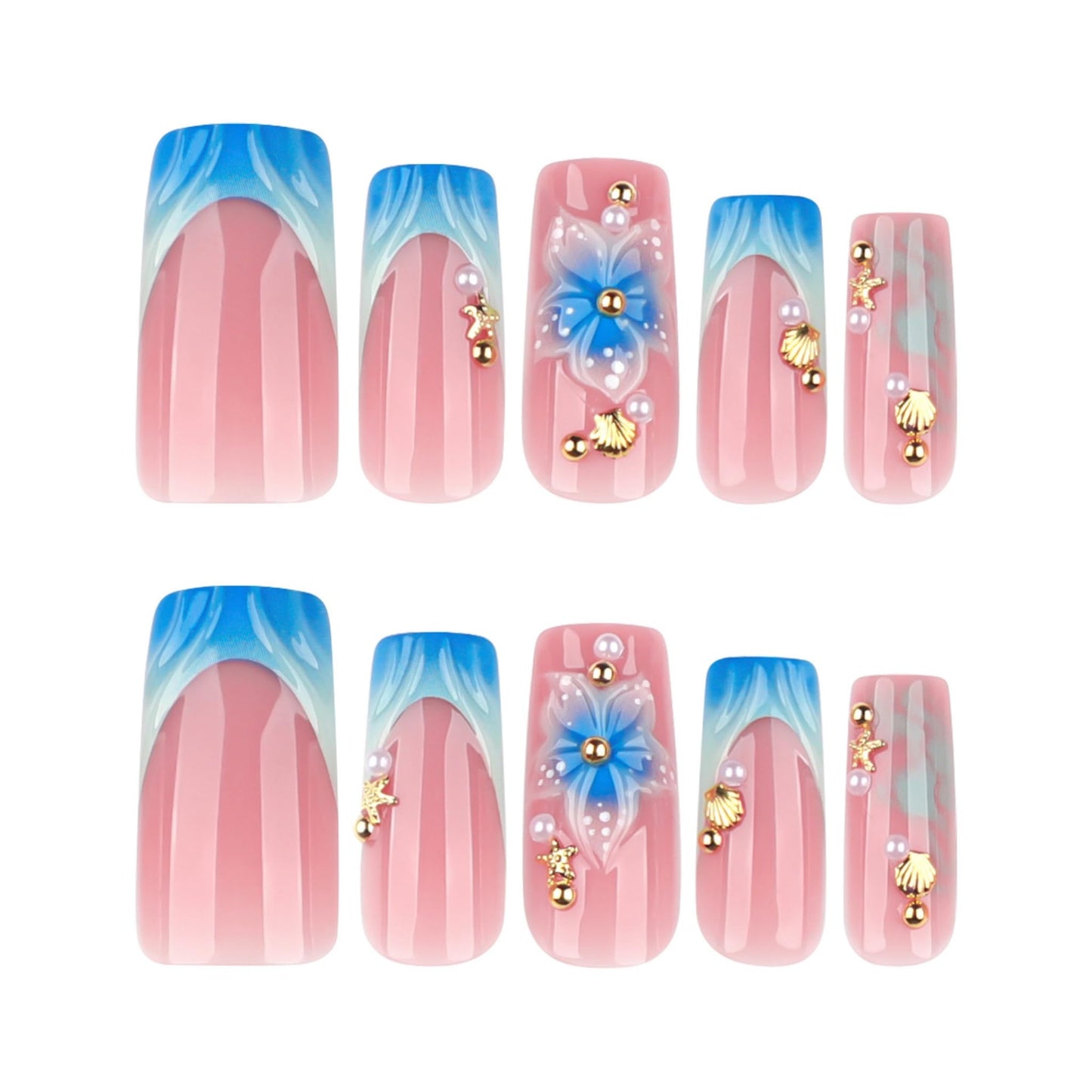 Long Press on Nails Square Fake Nails Blue Acrylic Nail Press ons Seeneey 3D Flowers and Gold Charm Designs Cute Sparkly Beach Stick on Nail for Women 24pcs