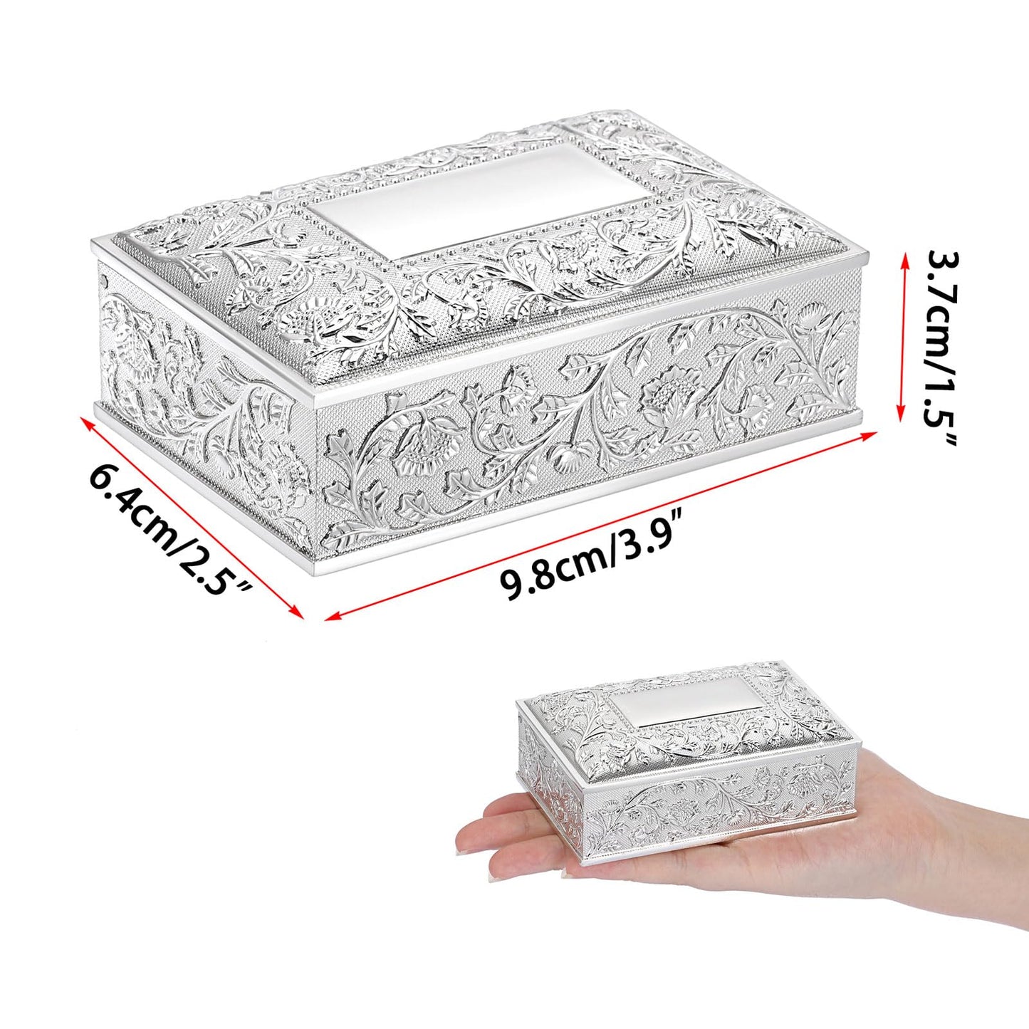 Hipiwe Rectangular Silver Jewelry Box Small Trinket Storage Box Deluxe Treasure Chest Case Earring Ring Necklace Organizer Decorative Keepsake Box Christmas Gift for Women