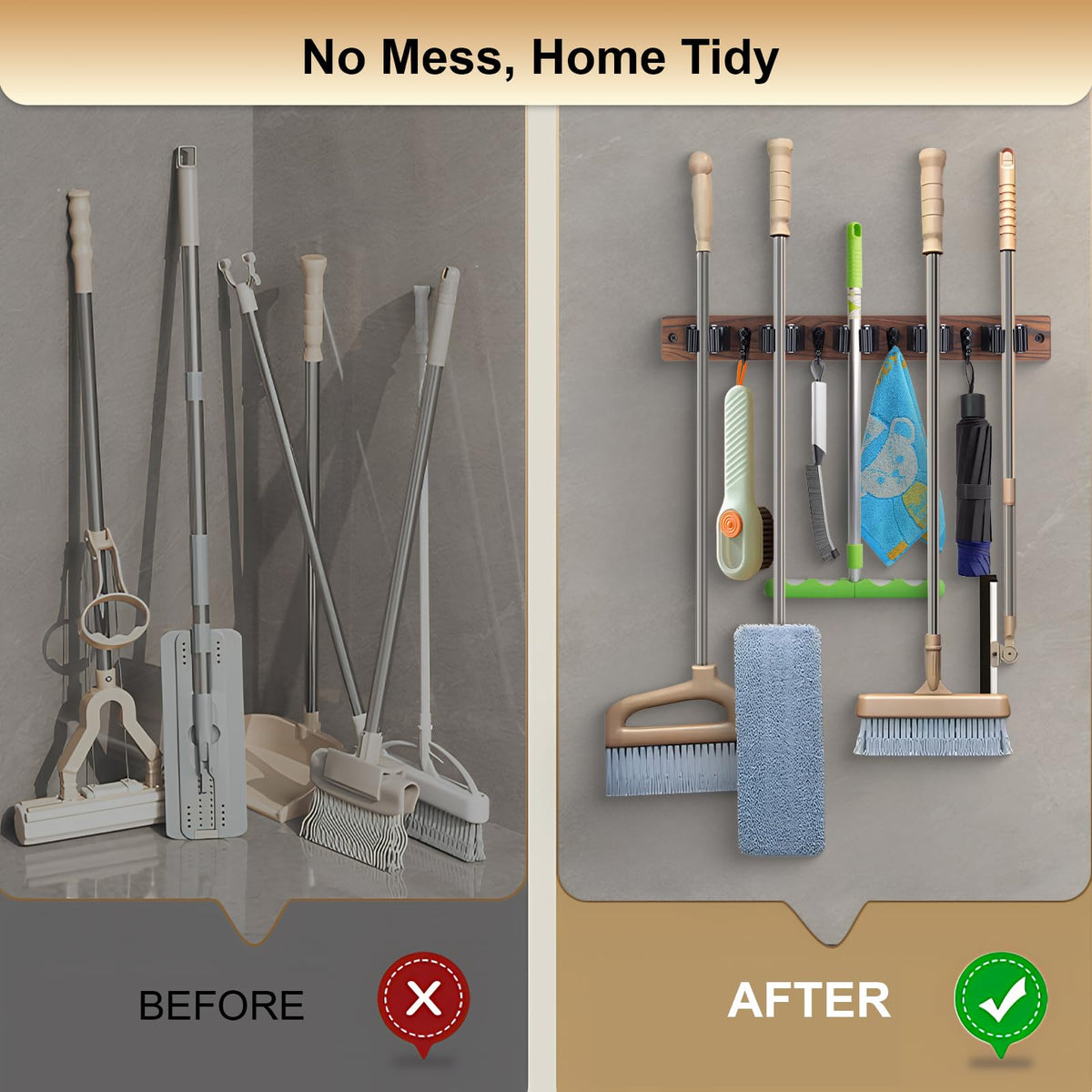 2 Pack Broom Holder Wall Mount With 5 Slots & 4 Hooks (2 Count)