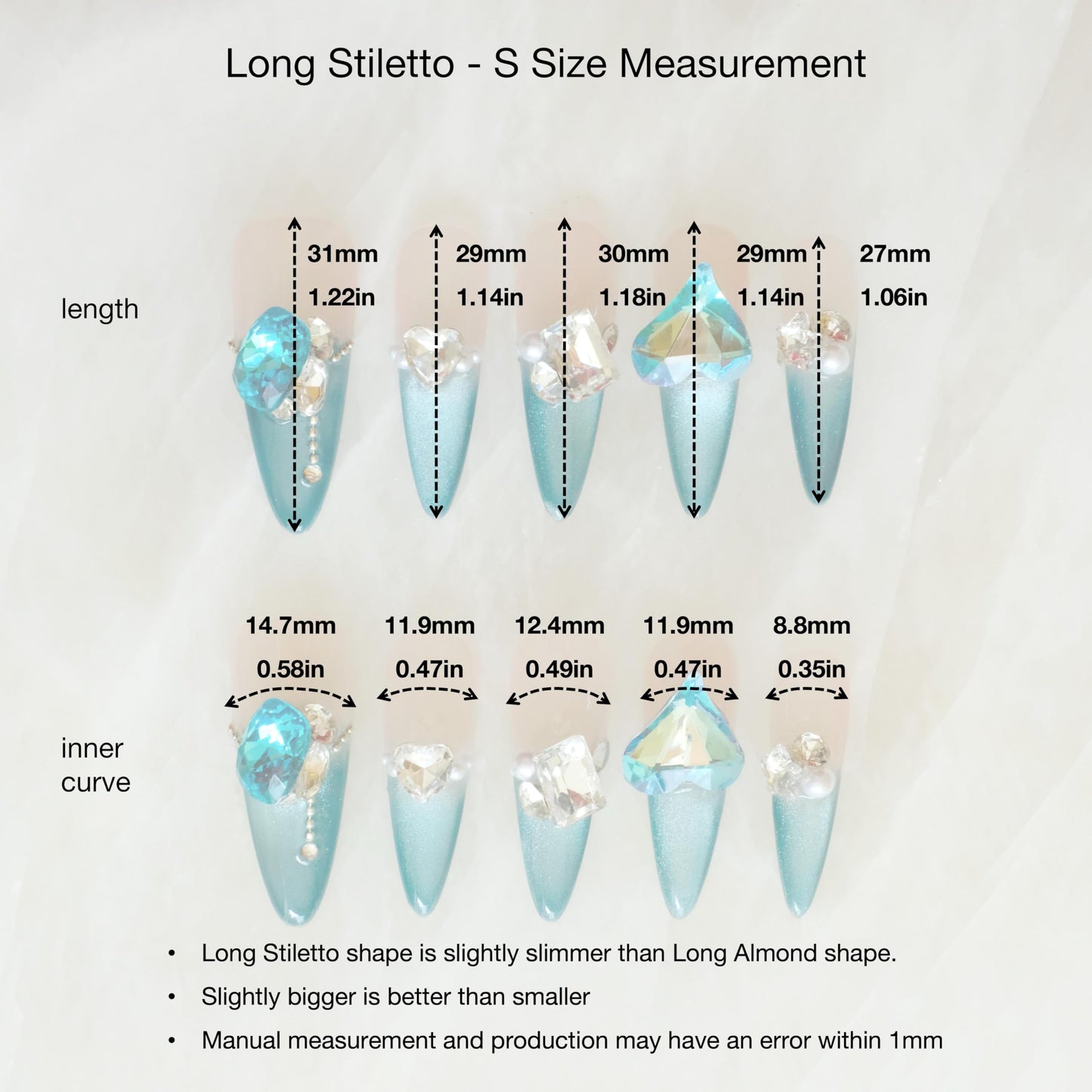 GLORS Luxury Long Stiletto Press-On Nails, Turquoise Blue Stiletto with 3D Crystals and Pearls, Handmade False Nail 10 Pieces (Small, LS)