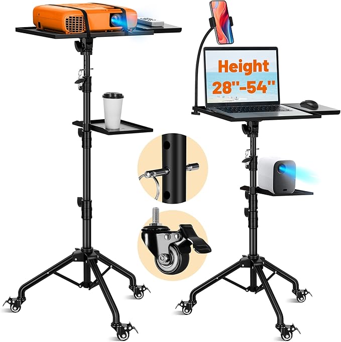 CAHAYA Projector Tripod Stand with Casters: Projector Stand 28-54in Height Adjustable Multifunctional Universal Laptop Stand DJ Rack Stand with Adjustable Height for Meeting Room DJ Equipment