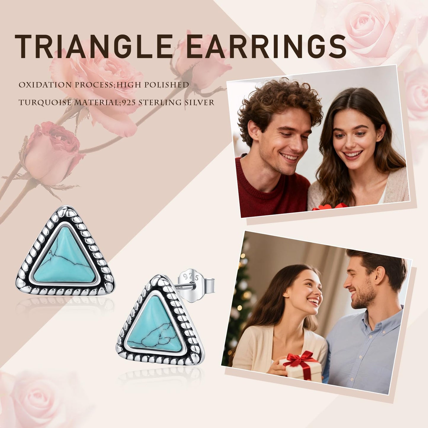 AOVEAO Triangular Turquoise Stud Earrings S925 Sterling Silver Vintage Braids Blue Gemstone Bohemian Ethnic Tribal Jewelry for Women Graduation