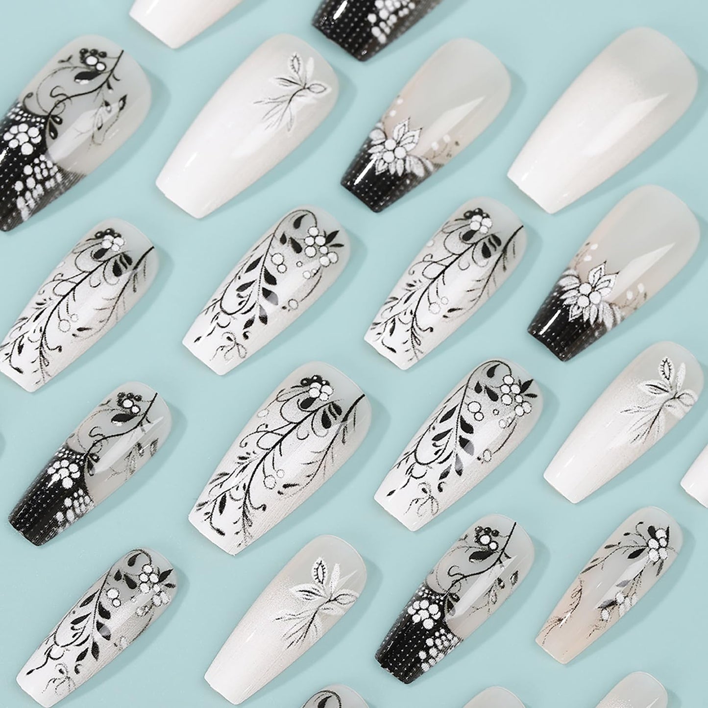 CJDLTS Press on Nails Medium Length Ballet Shaped Black Branches Pattern Design Glossy Medium Acrylic False Nail Full Cover Artificial Press Ons Stick on Nail French Glue on Nails for Women 24Pcs