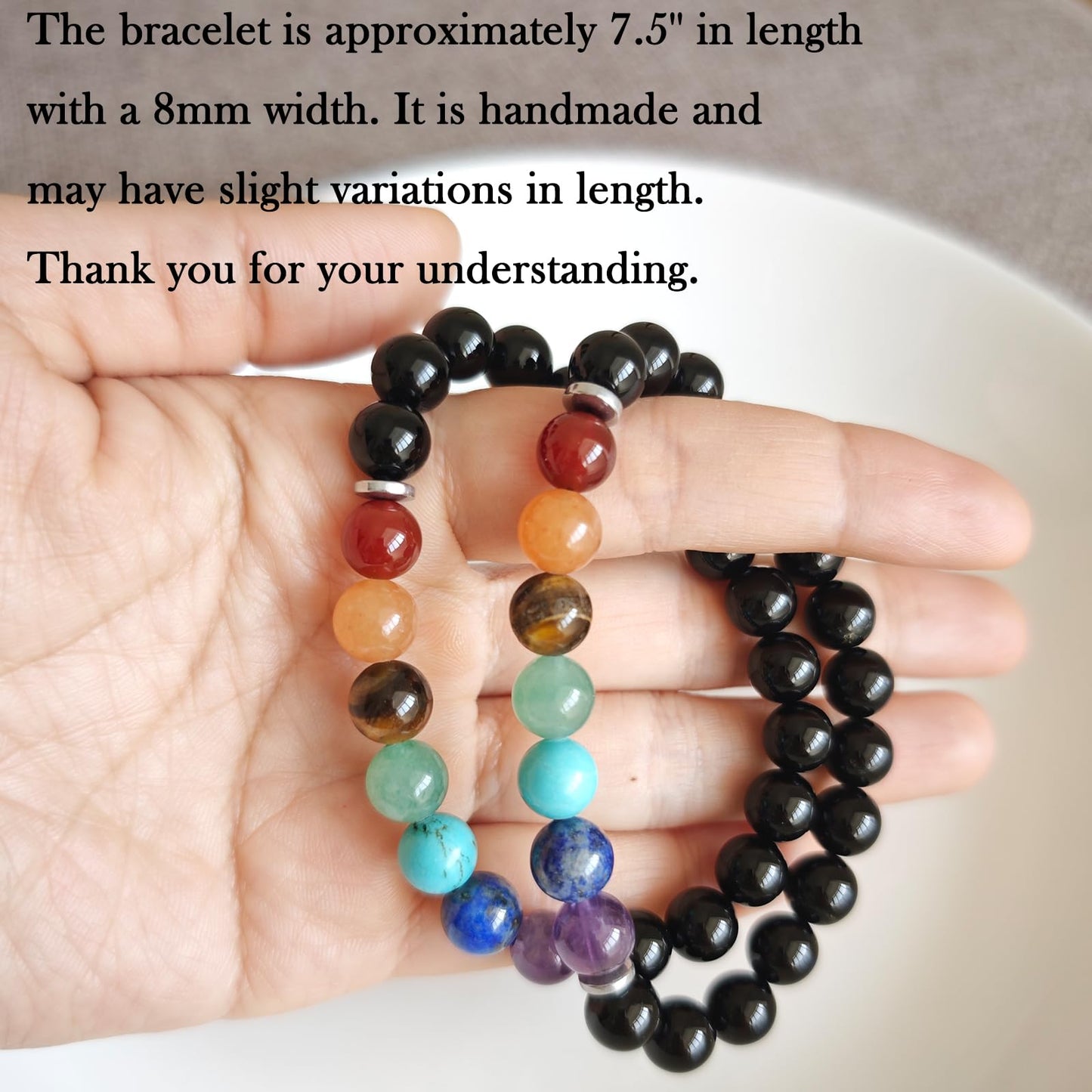 Handmade Natural Gemstone Elastic Bracelet - Healing Crystal Beads Jewelry, Unisex (Seven Chakra Stones, 8mm)