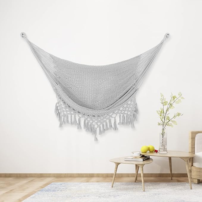 Hammock Chair，Max 330lbs, Large Hanging Chair, Soft Cotton Rope Swing Chair with High Load-Bearing Metal Rod,Indoor Outdoor Garden Yard Living Room Use