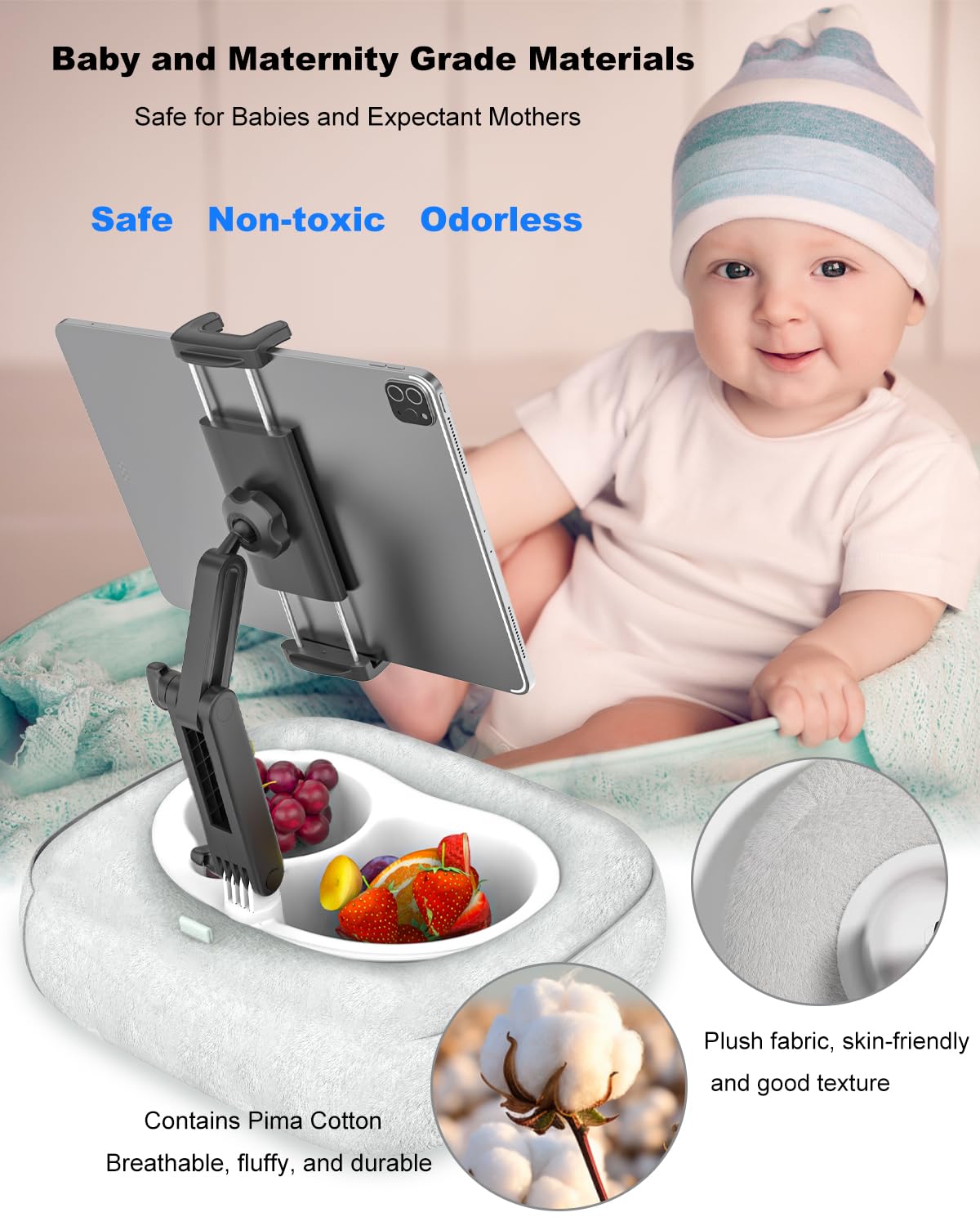 Kolasels Tablet Pillow Stand [Organic Cotton & Food Grade Tray] Adjustable Kindle Pillow Stand Holder for Lap/Bed/Couch/Desk, Fits 4.7-15.6" iPad, Kindle, Galaxy Tab, Phone, Detachable Bowl