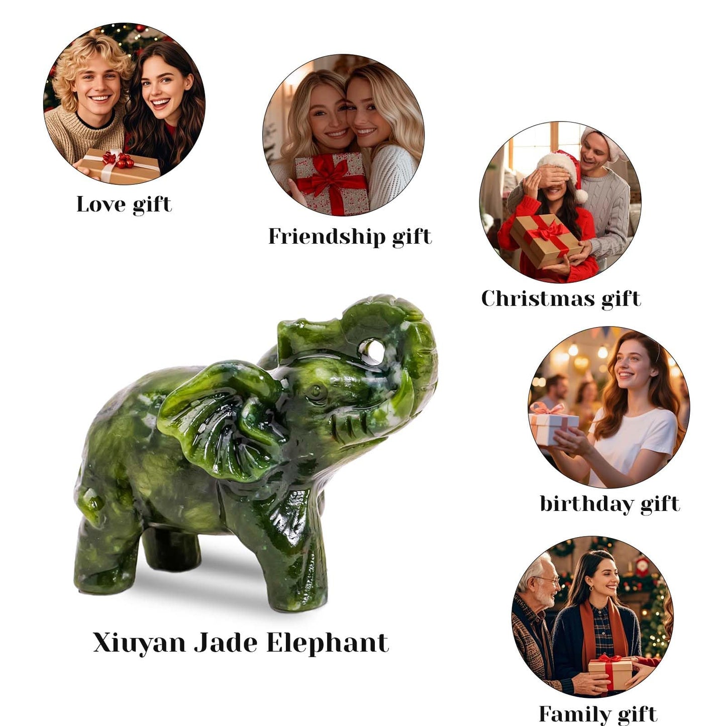 Apengshi Natural Crystal Raw Stone Jade Figurine,Cute Decorative Animal Statue (Running Elephant)