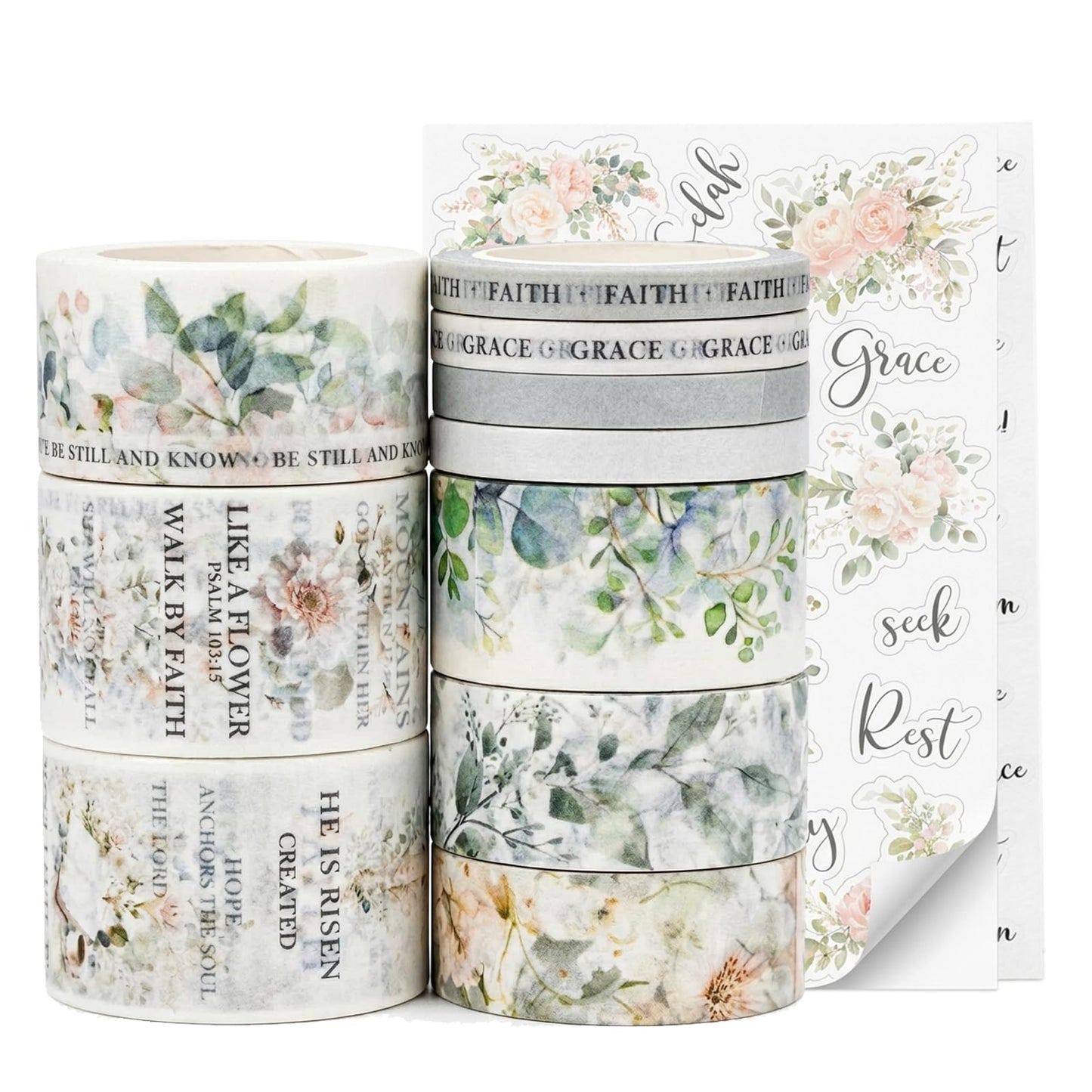 Bible Journaling Washi Tape Set for Women – 10 Rolls + Sticker Sheets, Floral Faith Theme Washi Tape with Scripture Verse & Christian Words, Decorative Tape for Planner, Prayer Journal Supplies