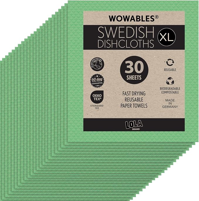 LOLA Wowables XL Swedish Dishcloths, 30 Reusable Eco Cleaning Cloths, 11" x 10", Ultra Absorbent Cellulose Sponge Towel, Compostable, Made in Germany