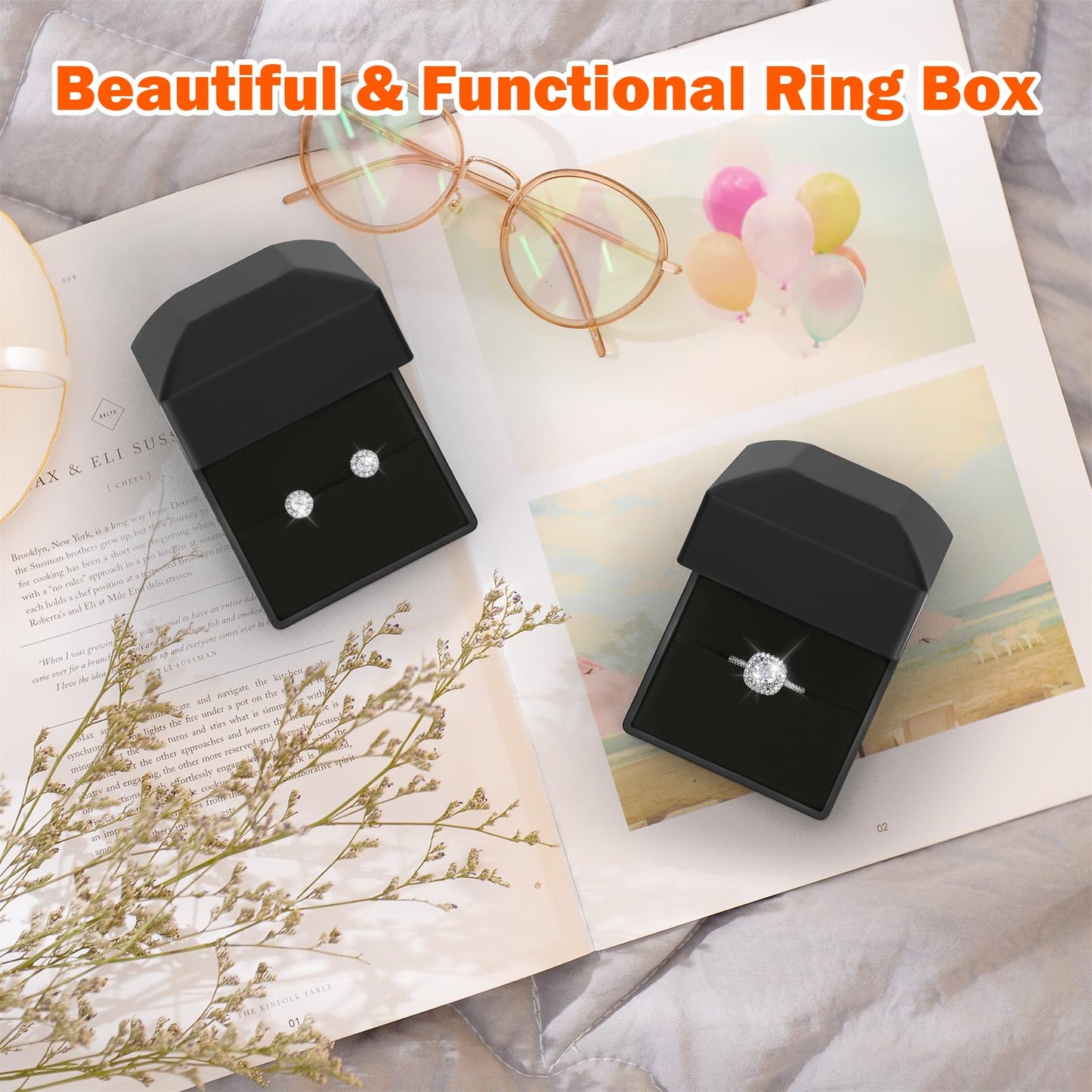 LED Ring Earring Box for Proposal, Wedding, Engagement， Luxury Jewelry Gift Box with LED Light, Jewellry Display Box (Black)