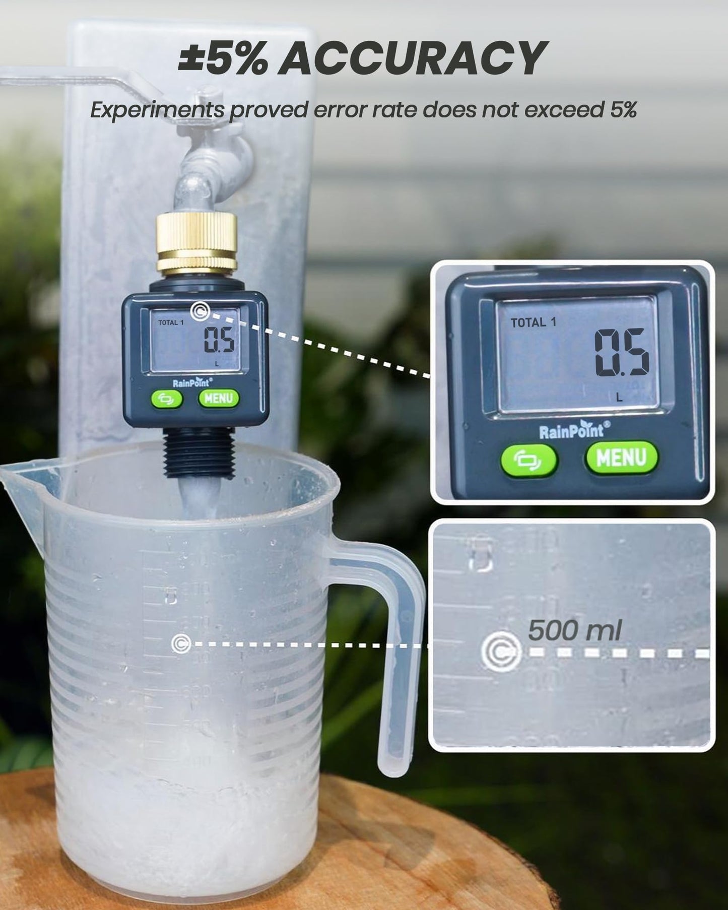 Rainpoint Water Flow Meter with Brass Inlet, 180°Screen-Flip Garden Hose Flow Meter, Measure up to 9999.9 Gallon/Liter Consumption & Flow Rate for RV, Garden Hose, Sprinkler & Nozzle Sprayer