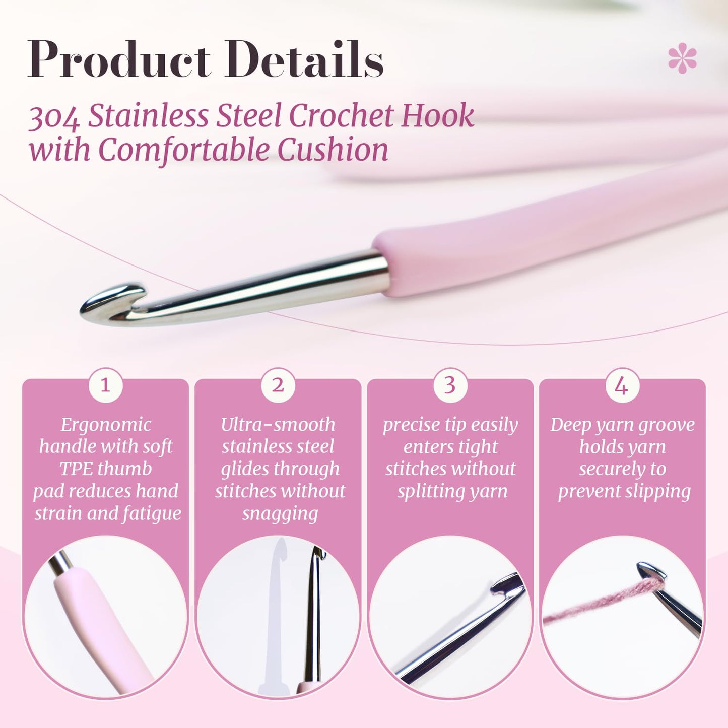 Yarniss Apex Crochet Hooks Set with Case 2.0mm~4.0mm,Hand-Polished Stainless Steel Crochet Hooks with Ergonomic Handle, Pointed Crochet Needle with Deep Groove