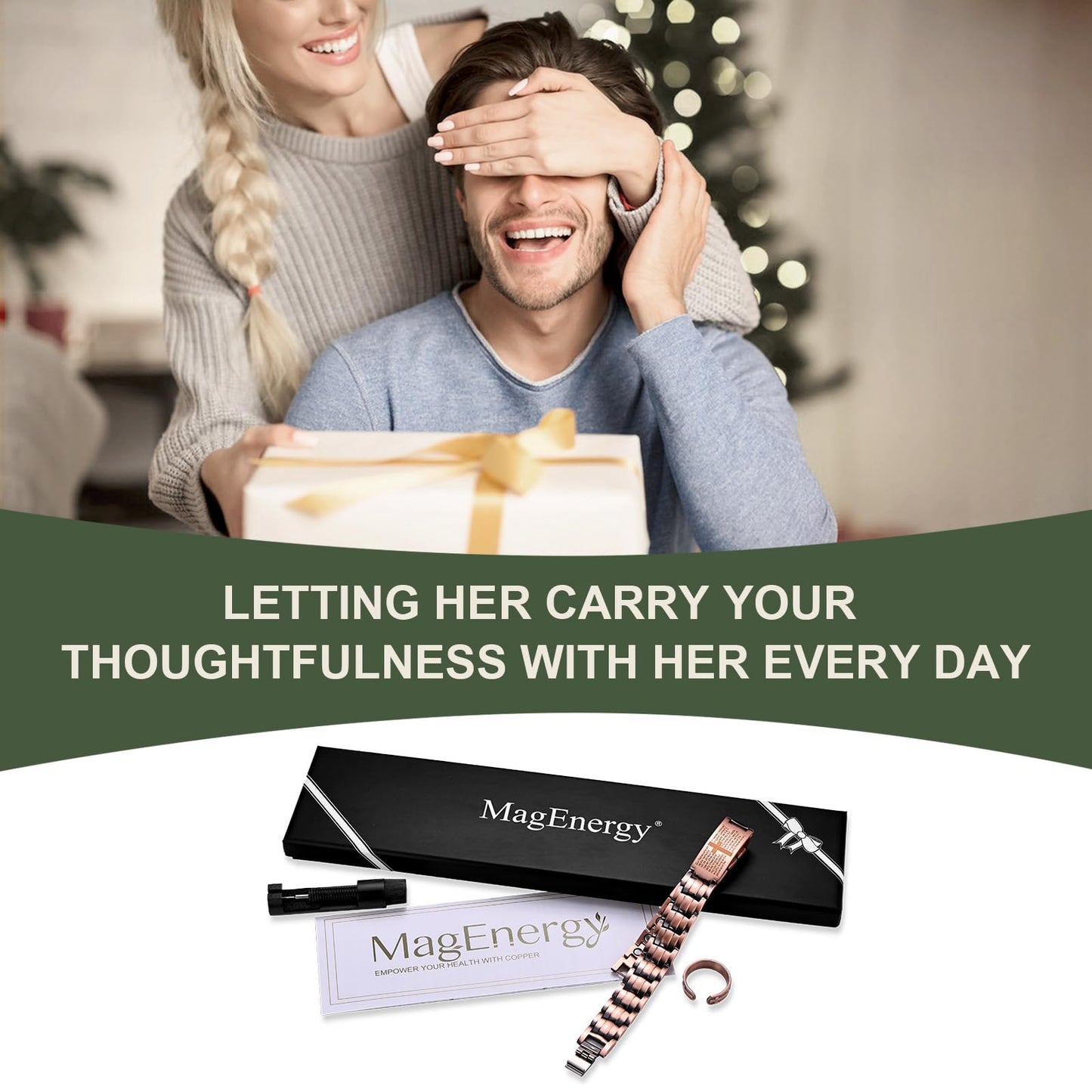 MagEnergy Men's Copper Magnetic Bracelet,99.9% Solid Copper Bracelets with Double-Row Strong Magnets, Adjustable with Sizing Tool Jewelry Box