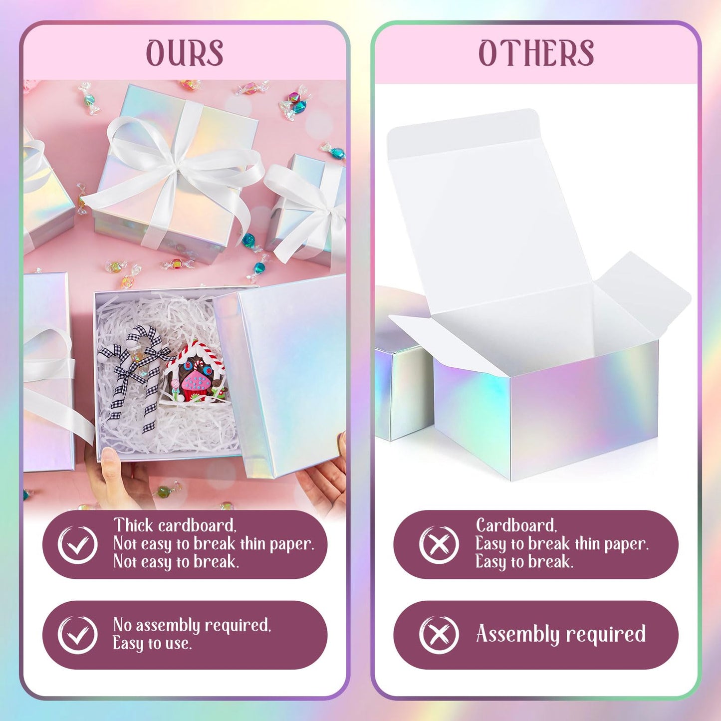 Fulmoon 5 Pack Holographic Silver Square Nesting Gift Boxes with Lids Set Assorted Sizes 8in 7in 6in 5in 4in with Ribbon for Wedding Graduation Birthday Presents Keepsake