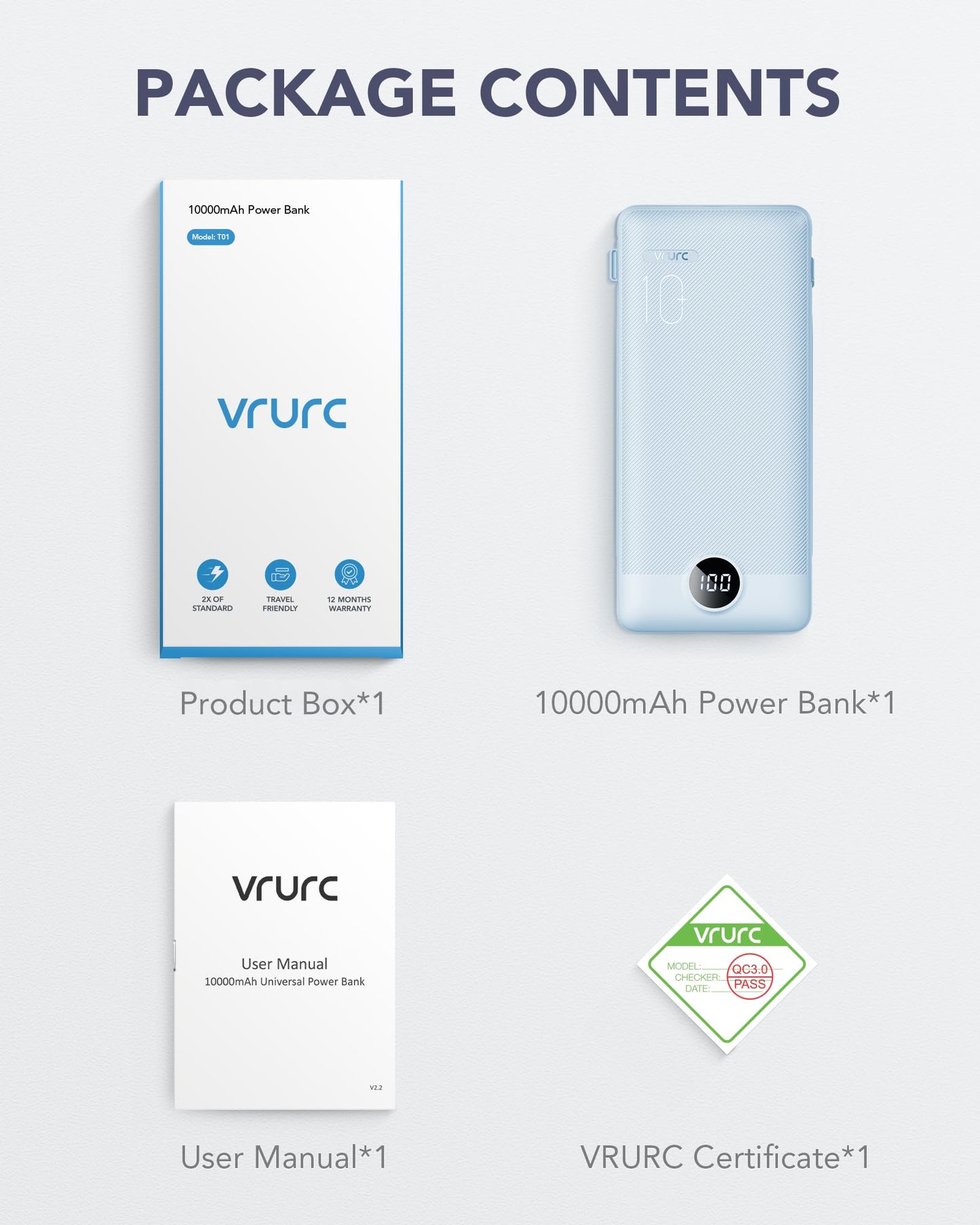 VRURC Portable Charger Built-in Cables and AC Wall Plug, USB C Power Bank 10000mAh, Travel Essentials Phone Charger Compact Lightweight External Battery Pack for Smart Phones, Tablets etc-Blue