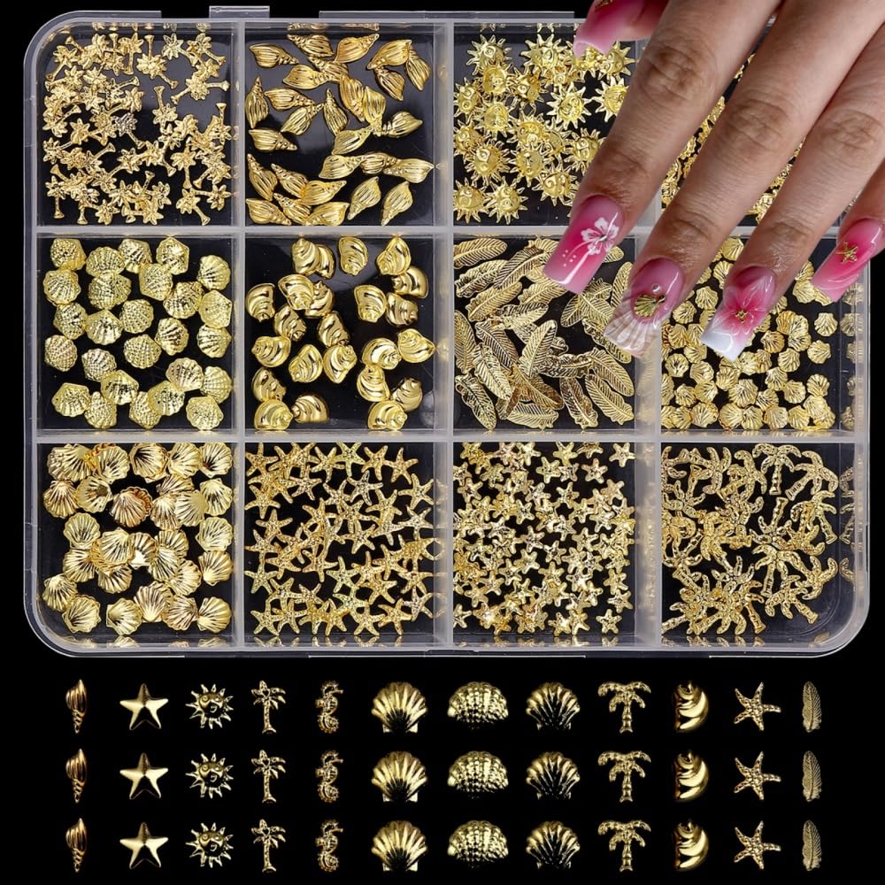 Gold Nail Charms 3D Alloy Star Sun Nail Gems Shiny Ocean Beach Starfish Conch Nail Jewels Multi-Shapes Metal Golden Seashell Nail Art Supplies with Tweezer for Women DIY Acrylic Nail 12 Grids 1 Box