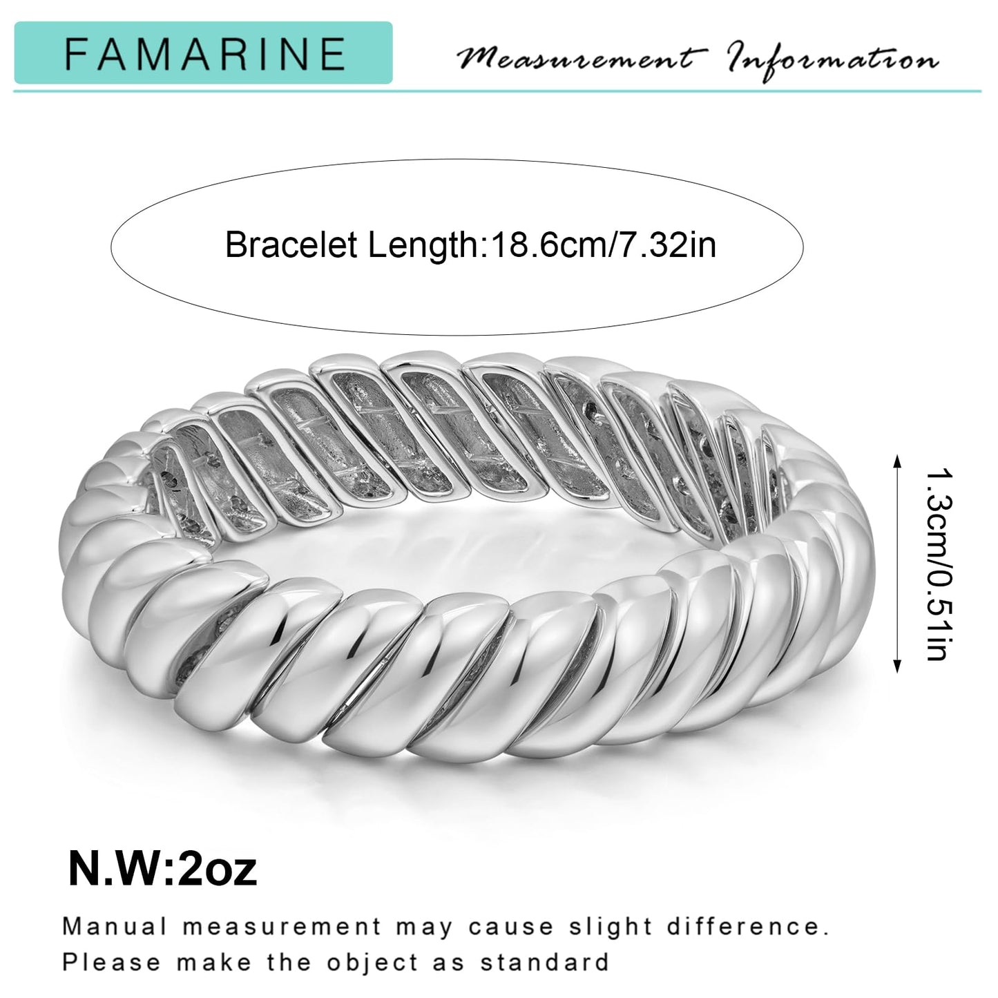 FAMARINE Silver Chunky Bangle Bracelet, Stretchable Elastic Bracelet for Women Men