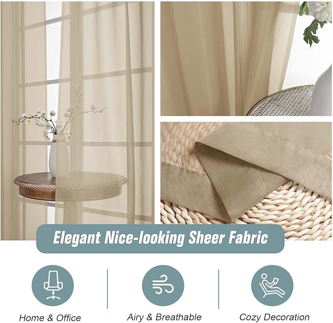 Taupe Sheer Curtains for Window 72 inches Long 2 Panels Set, Soft Airy Modern Light Filtering Sheer Curtains for Living Room Bedroom, Dual Rod Pocket Solid Window Drapes, 2x42Wx72L inches