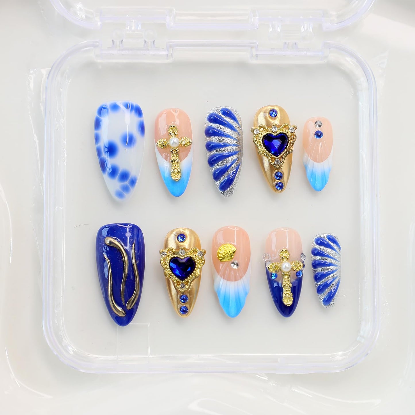 10Pcs Handmade Almond Press on Nails Acrylic Medium Fake Nails Blue French Tip False Nails with Golden Seashell Heart Rhinestone Design Glitter Artificial Stick on Nail for Women Handmade Nail (S)