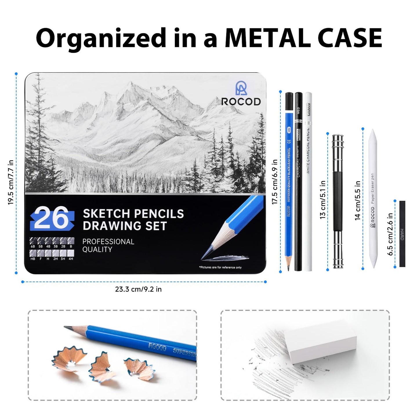 ROCOD Sketch Pencils for Kids and Adults Drawing, 26-Piece Profession Sketching Pencils, Drawing Pencil for Artists Beginner Sketching, Art Graphite Pencil 6B to 4H